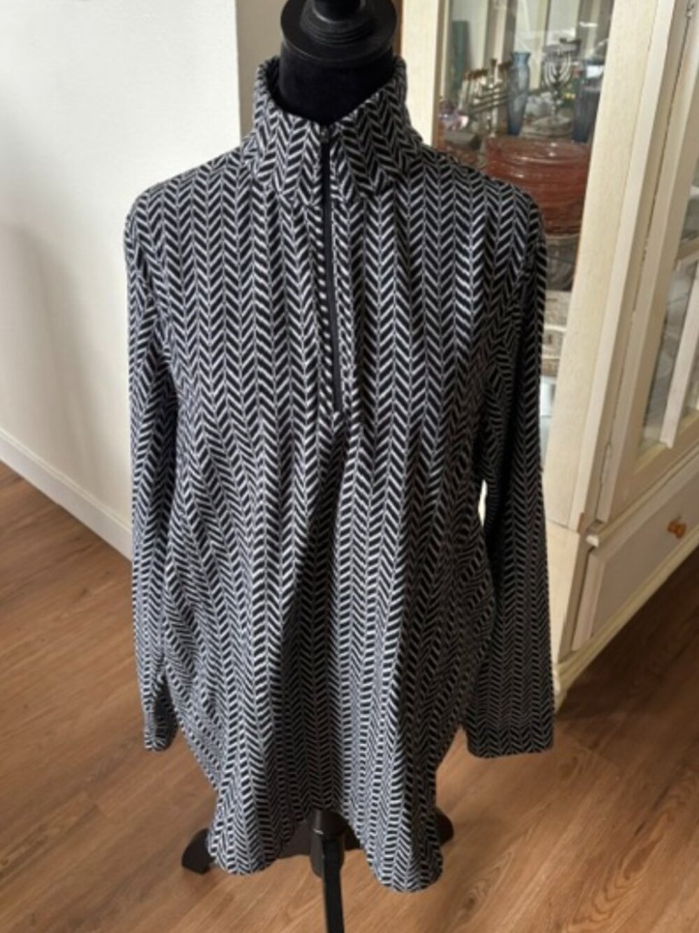 Lands End Womens Black White Quarter Zip Fleece Pullover XL